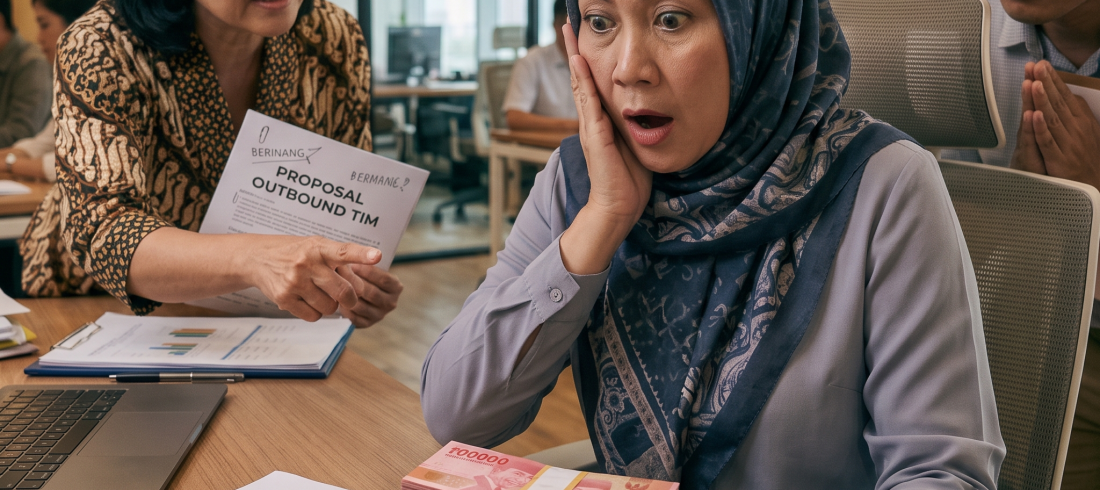 Seorang boss diajak diskusi untuk budget outing perusahaan.
