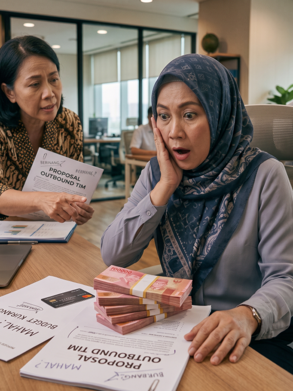 Seorang boss diajak diskusi untuk budget outing perusahaan.