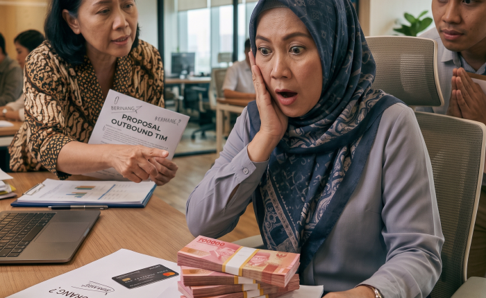Seorang boss diajak diskusi untuk budget outing perusahaan.