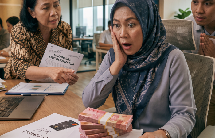 Seorang boss diajak diskusi untuk budget outing perusahaan.