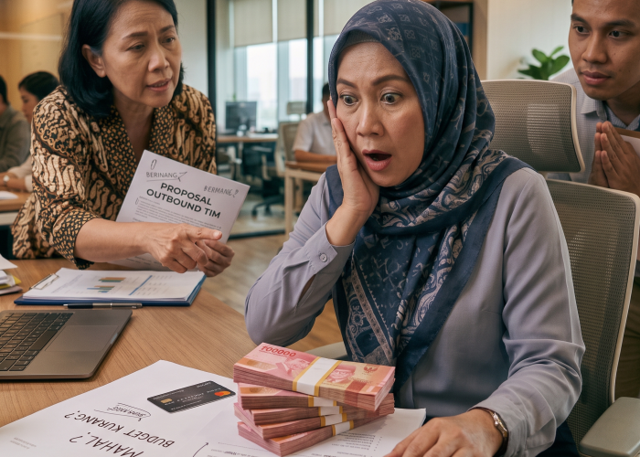 Seorang boss diajak diskusi untuk budget outing perusahaan.