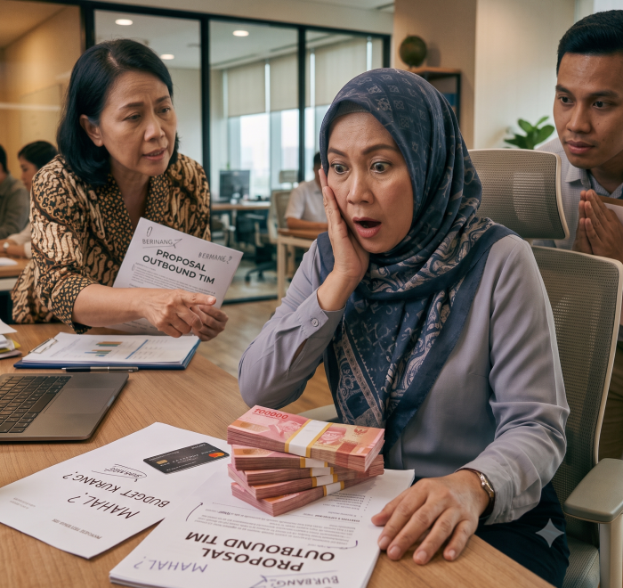 Seorang boss diajak diskusi untuk budget outing perusahaan.
