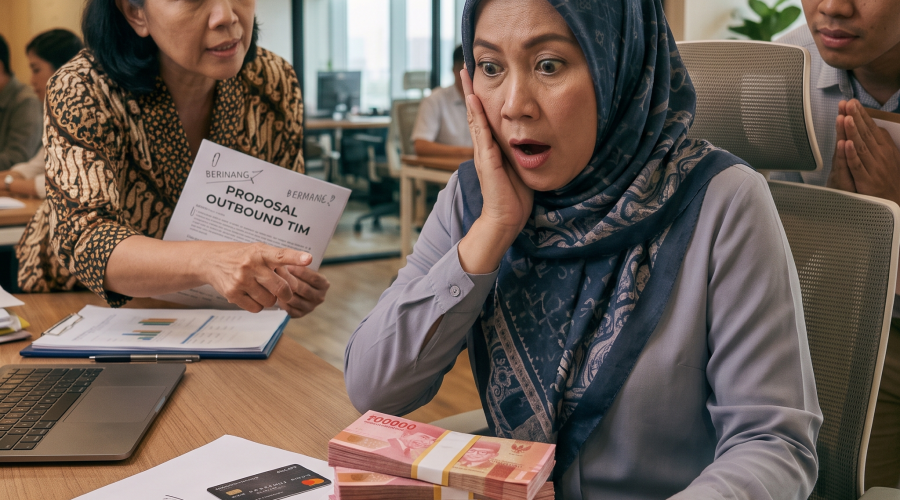 Seorang boss diajak diskusi untuk budget outing perusahaan.