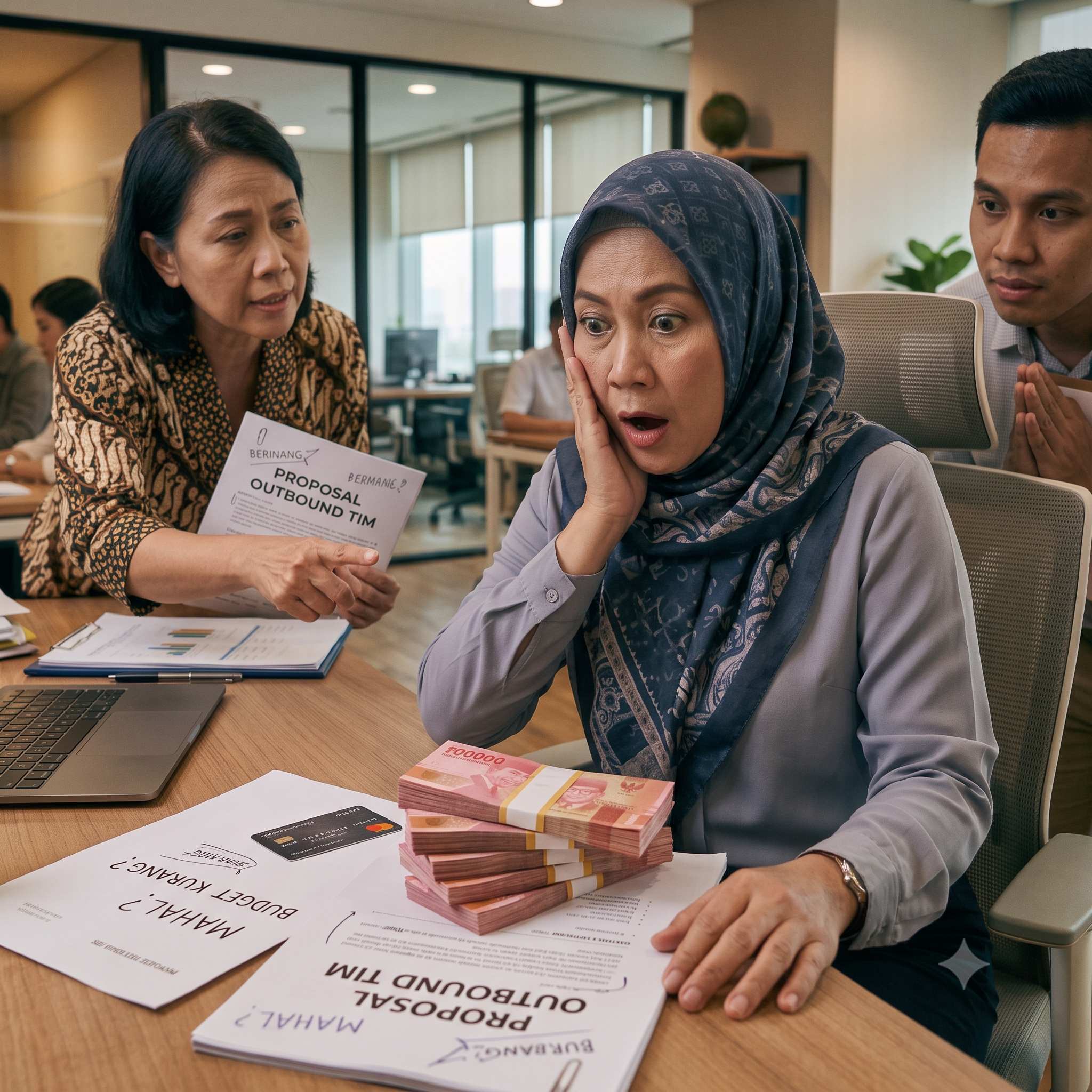 Seorang boss diajak diskusi untuk budget outing perusahaan.